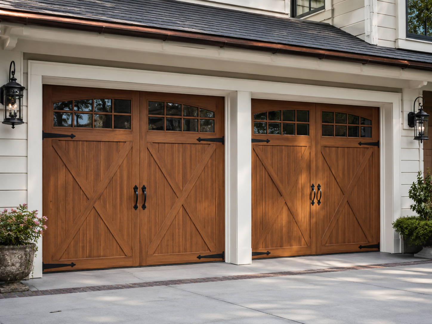 Two wooden garage doors with small window panes on a beige house exterior