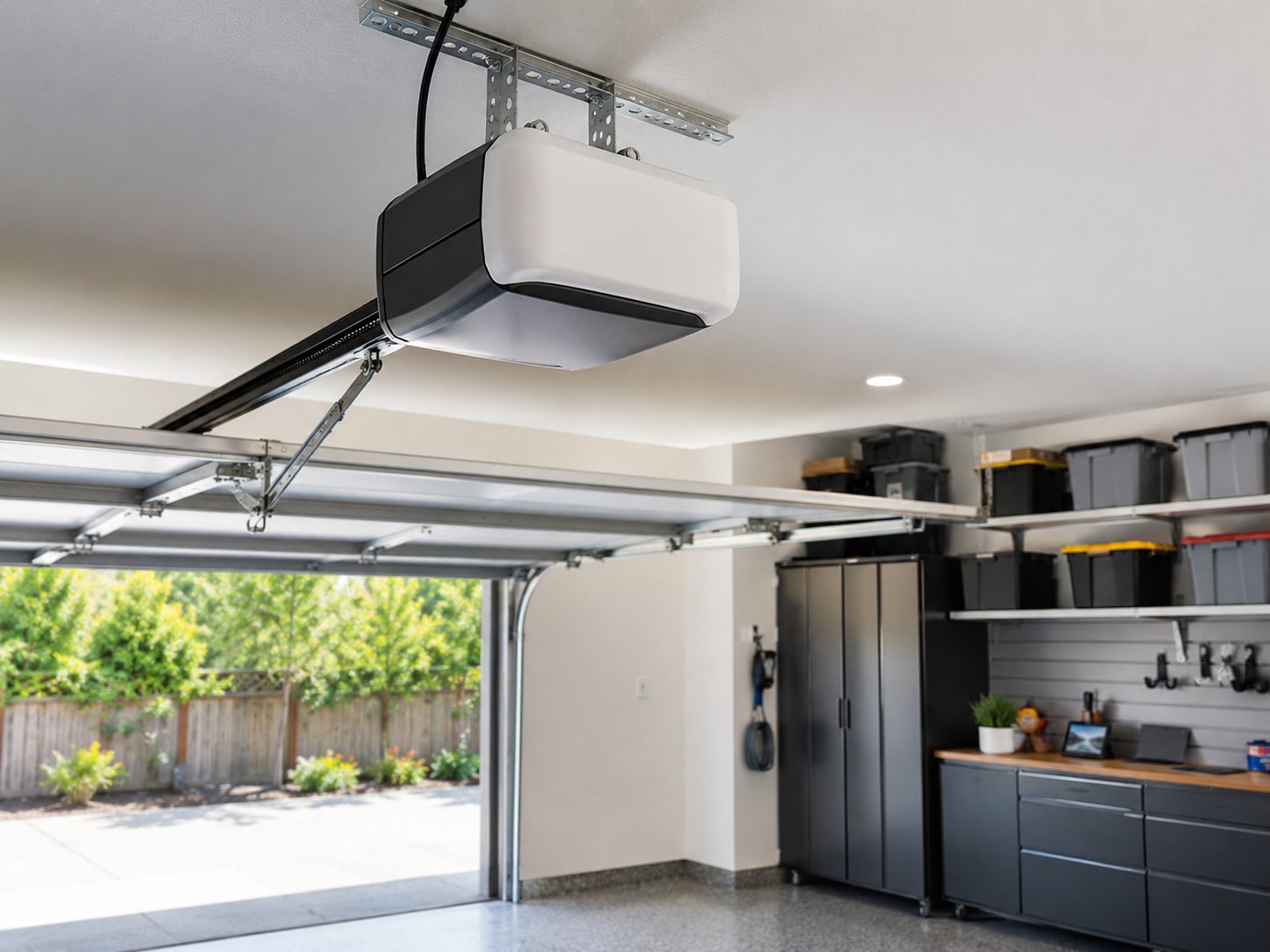 Modern garage interior with open door, overhead opener, and dark cabinets along the right wall