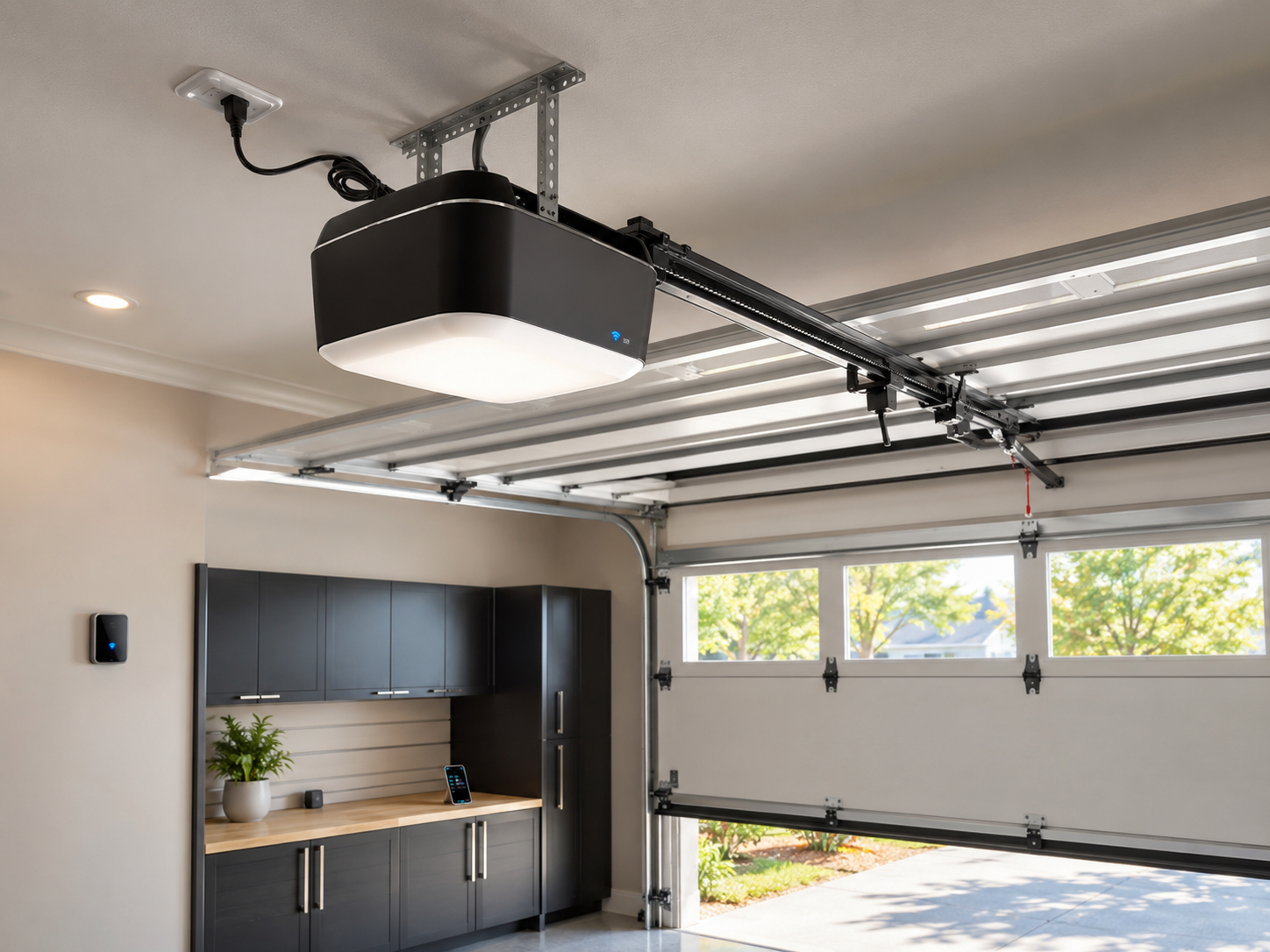Modern garage interior with open overhead door, built-in cabinets, and ceiling-mounted garage door opener