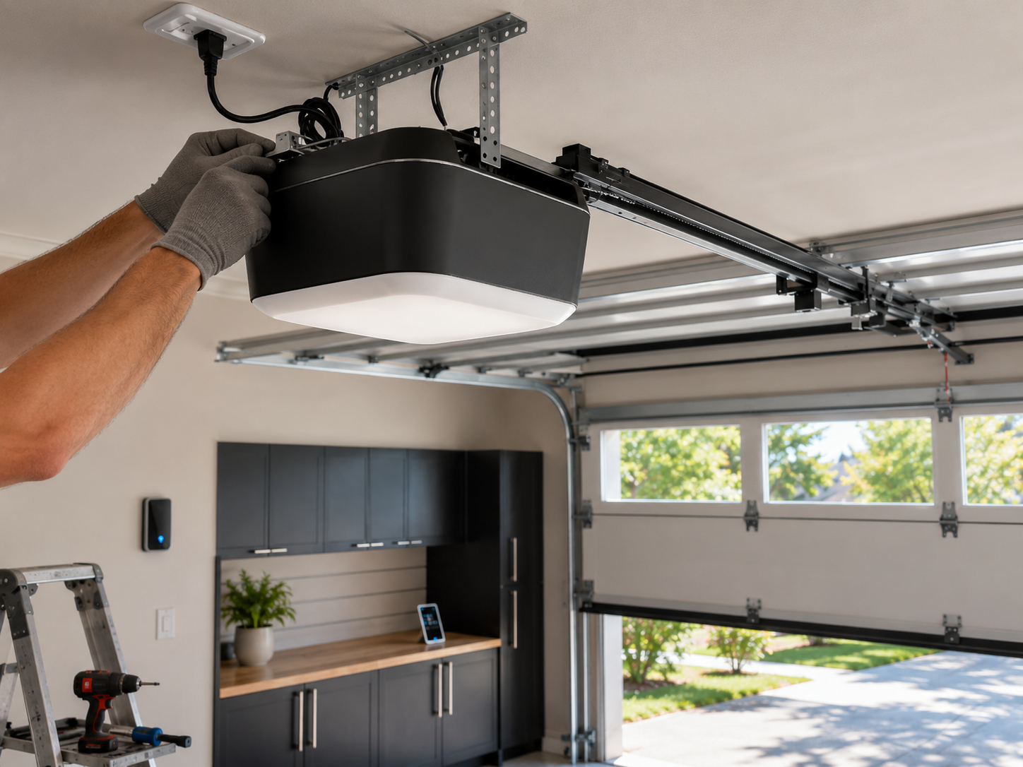 Person installing a garage door opener on the ceiling of a modern garage