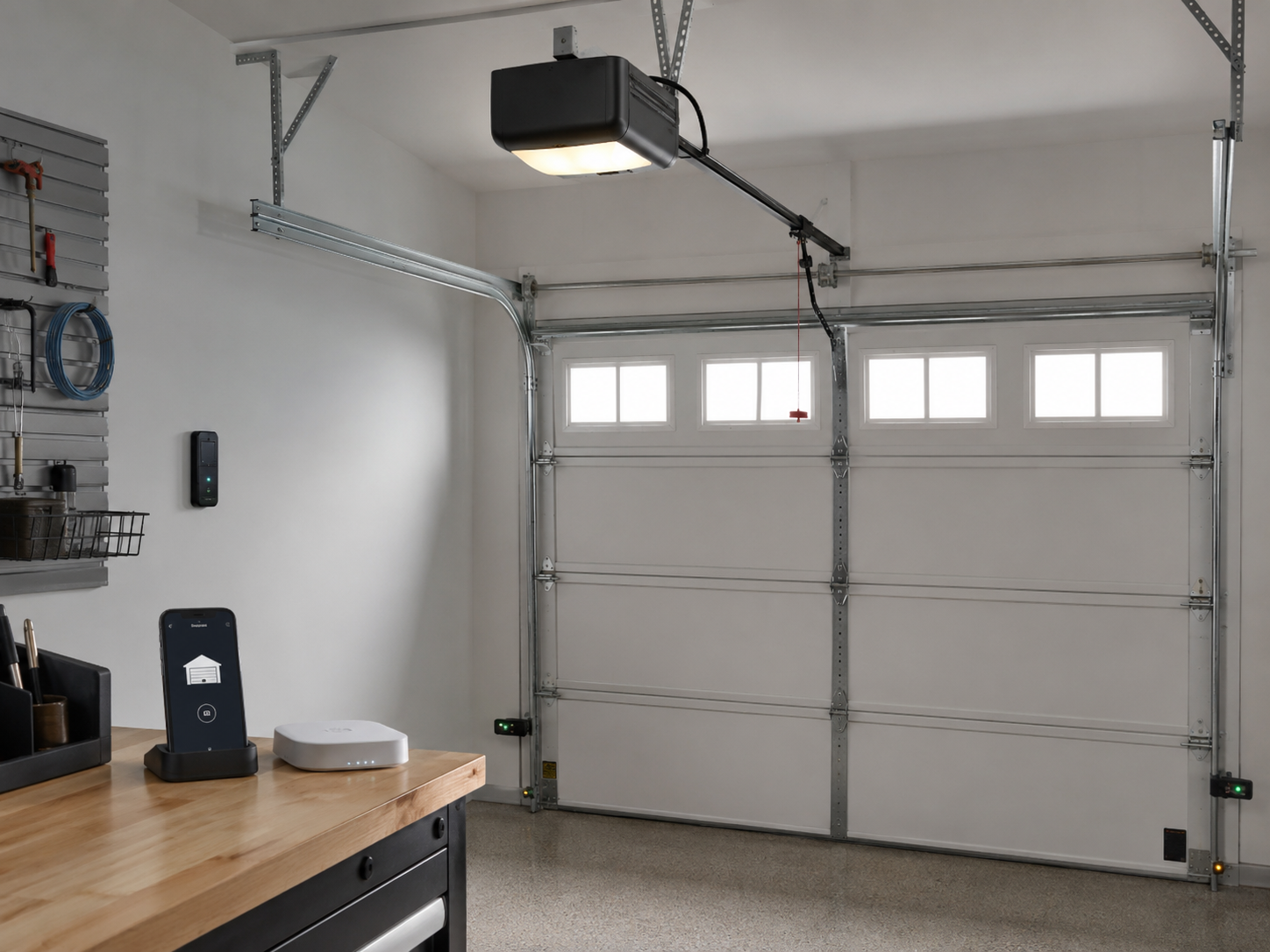 Garage interior with white overhead door, workbench, and ceiling-mounted opener