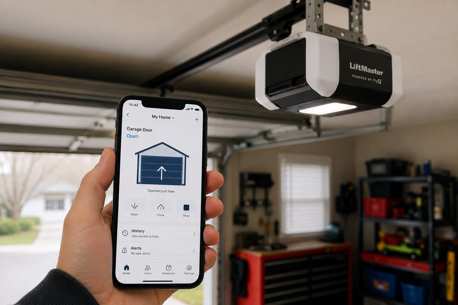 Hand holding a smartphone showing a garage door app, with an open garage and mounted opener in the background