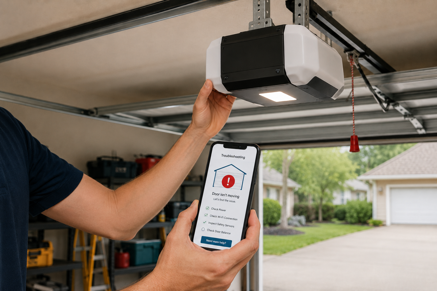 Person using a smartphone to control a garage door opener mounted on the ceiling.