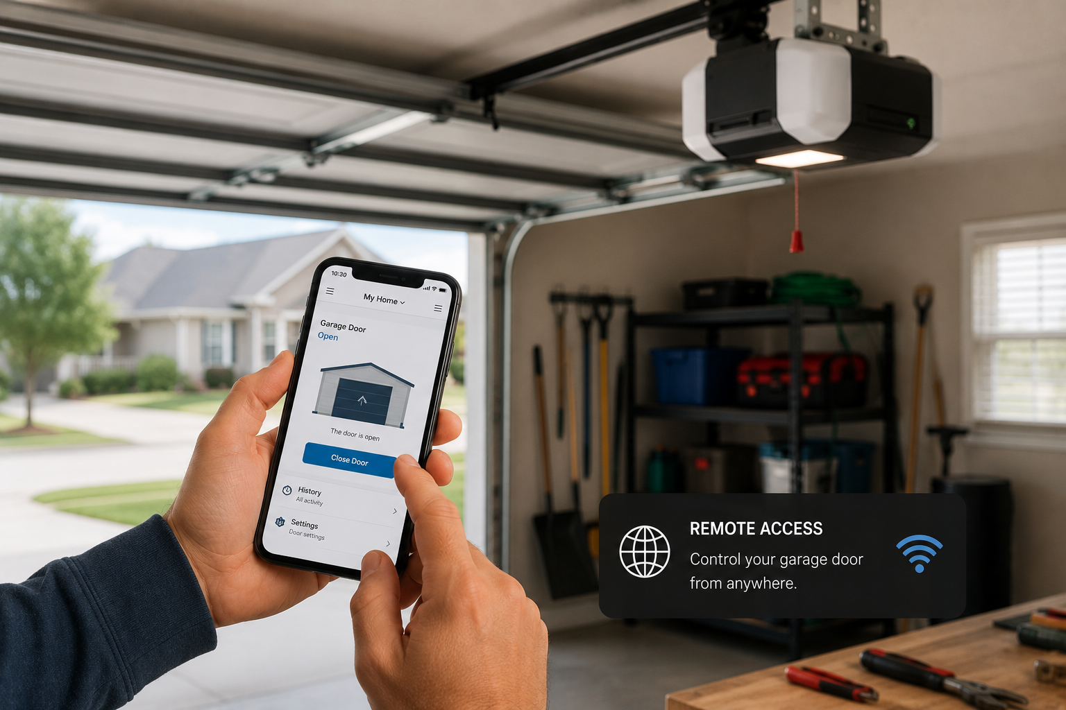 Hand holding smartphone in garage, controlling a Wi‑Fi enabled garage door opener.