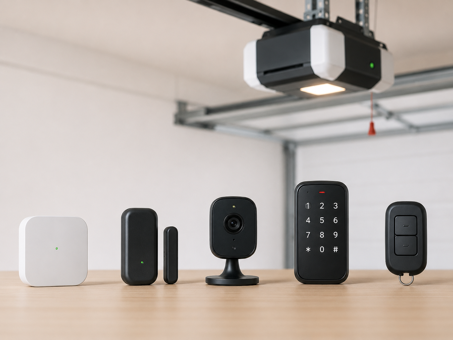 Assorted garage door remotes and openers lined up beneath a ceiling-mounted garage door opener