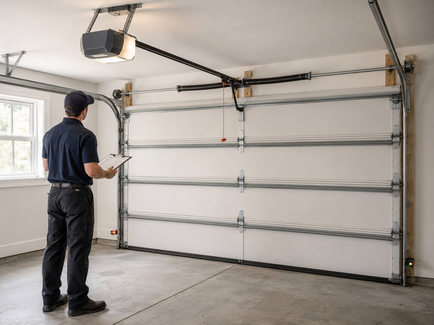 Technician inspecting a sectional garage door in a bright garage with a window and overhead opener