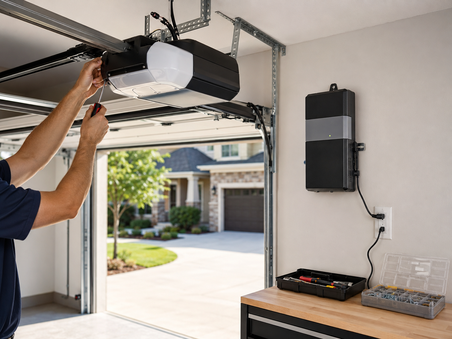 Technician installing a garage door opener above an open garage, with tools and a control panel nearby.