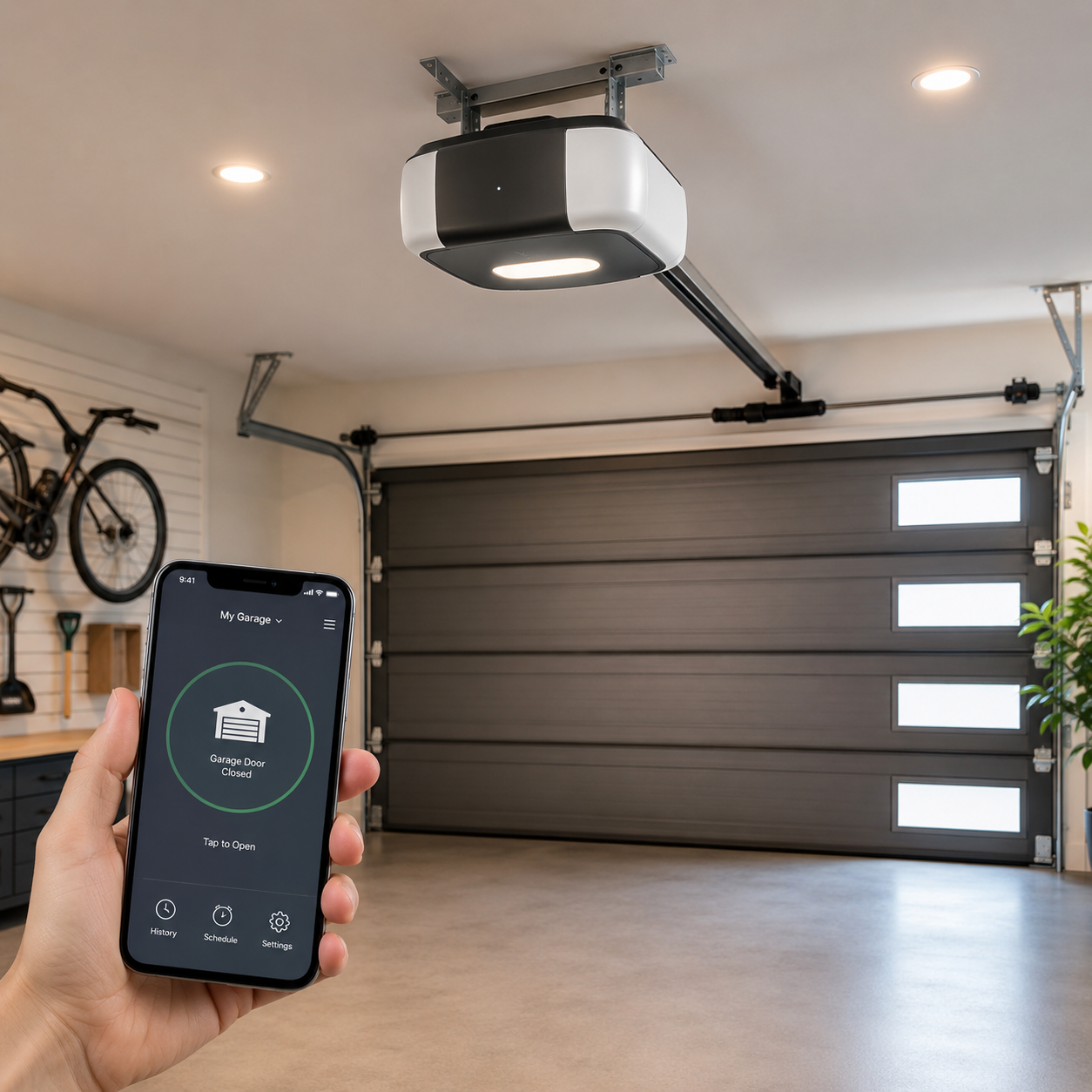 Hand holding smartphone controlling a garage door in a modern garage