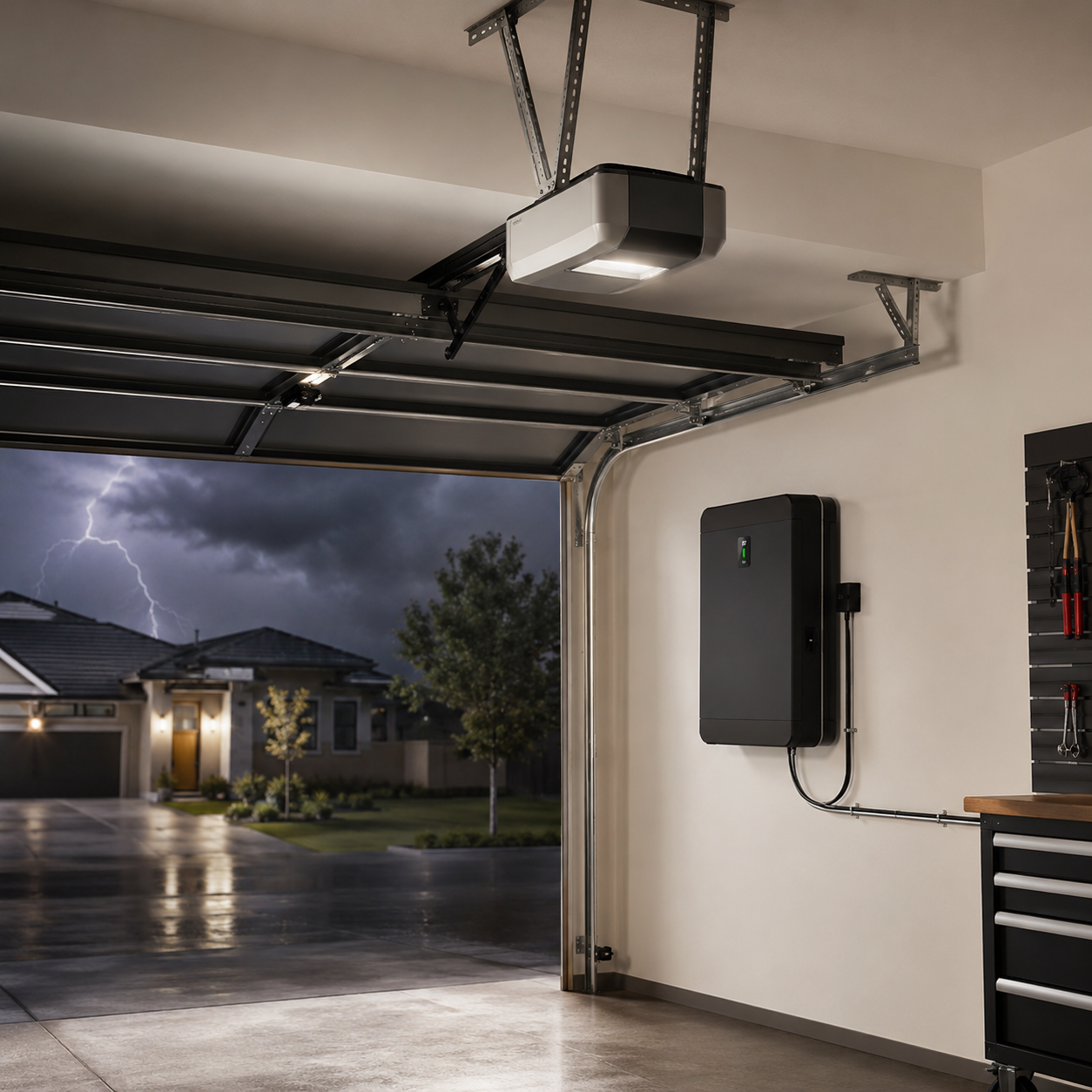 Open garage with wet driveway at dusk, looking out to a stormy neighborhood street.