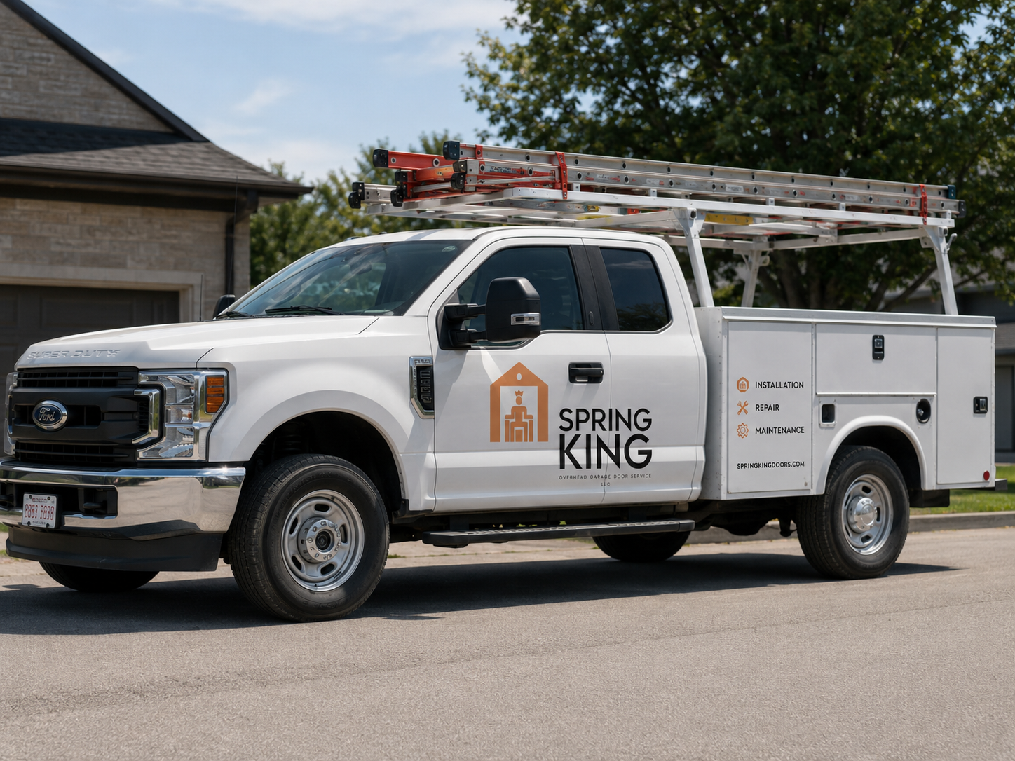 Spring King garage door service truck parked near a residential garage