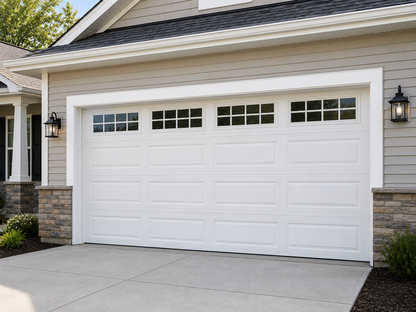 White three-car garage door on a suburban house with stone and siding exterior