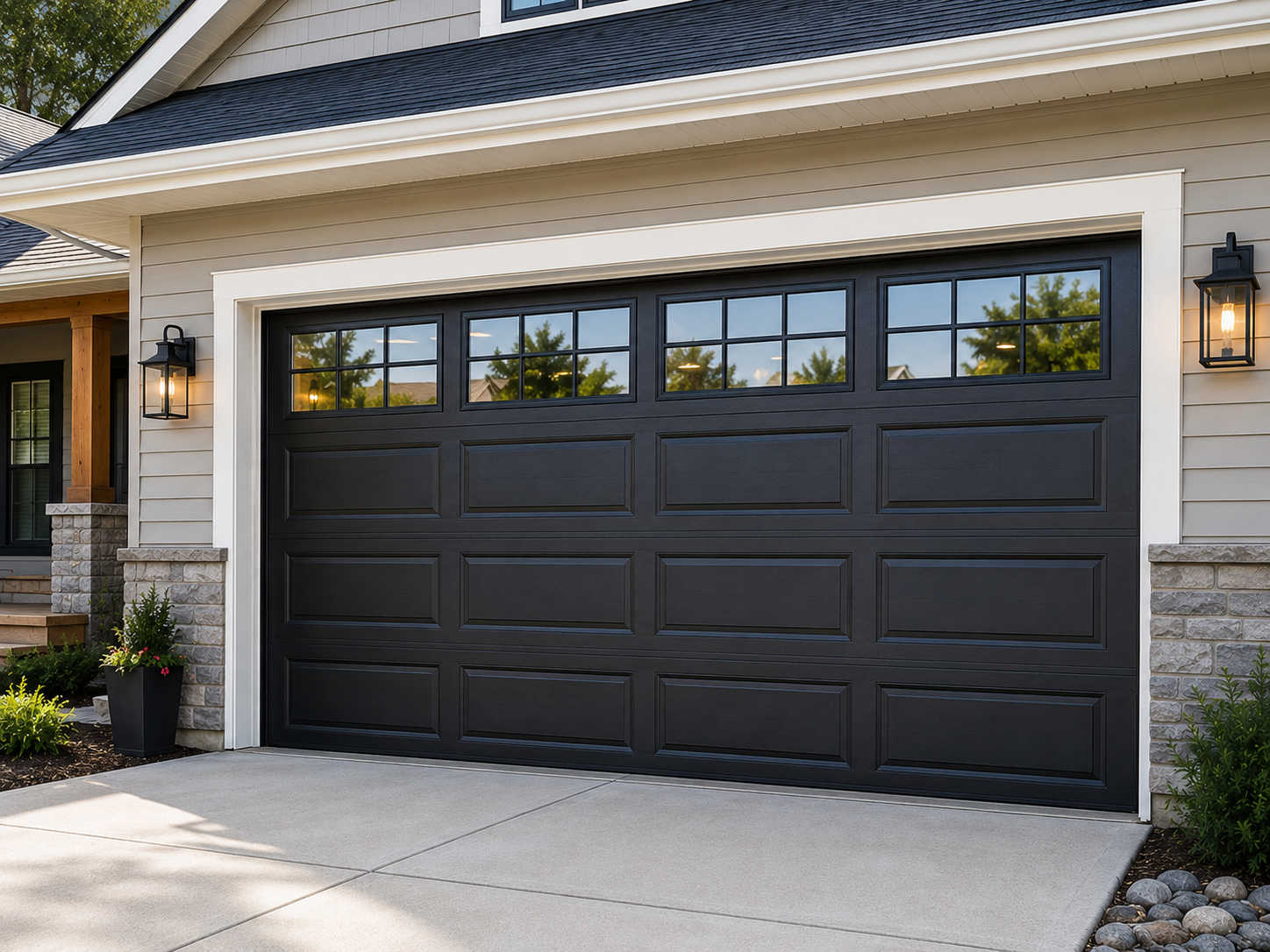 Black garage door on a beige suburban house with stone accents and a concrete driveway