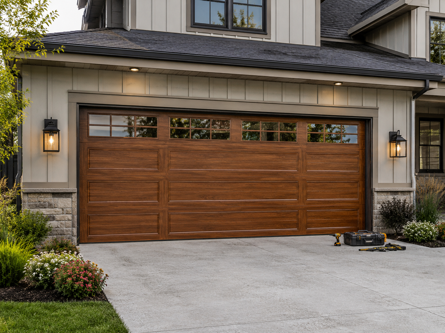 Modern house exterior with a wooden double garage door, stone siding, and a concrete driveway