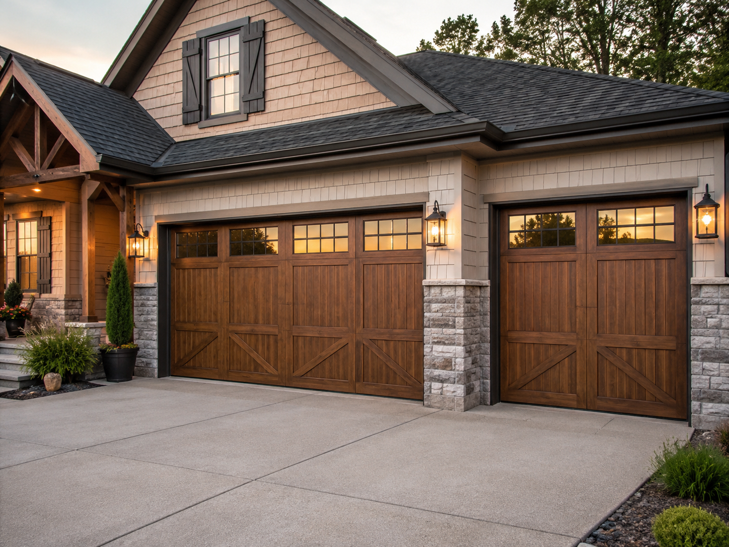 Modern suburban house exterior with two wooden garage doors and stone trim at dusk