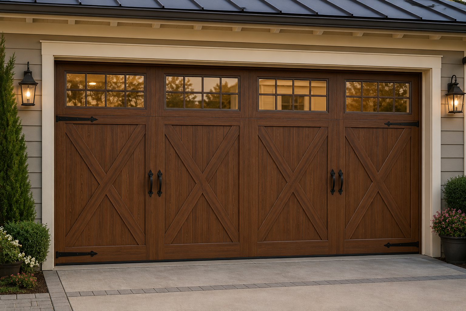 Wooden four-car garage door with diamond-pattern panels on a beige house facade