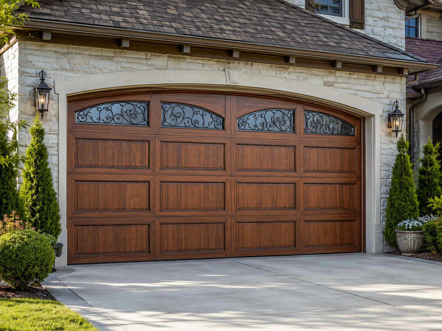 Wooden garage door with decorative glass panels on a stone house exterior