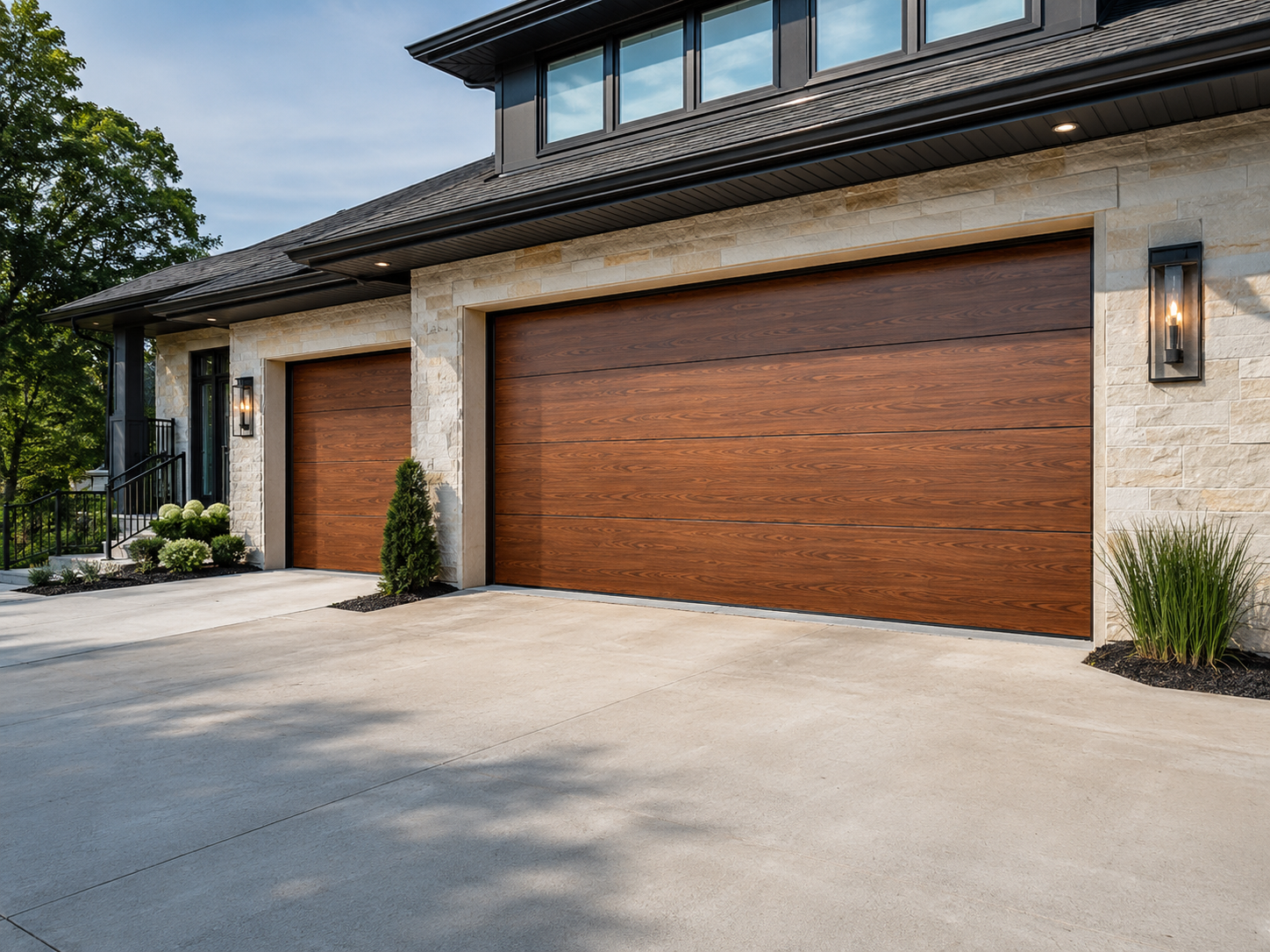 Modern house with a two-car wood garage door and stone exterior driveway