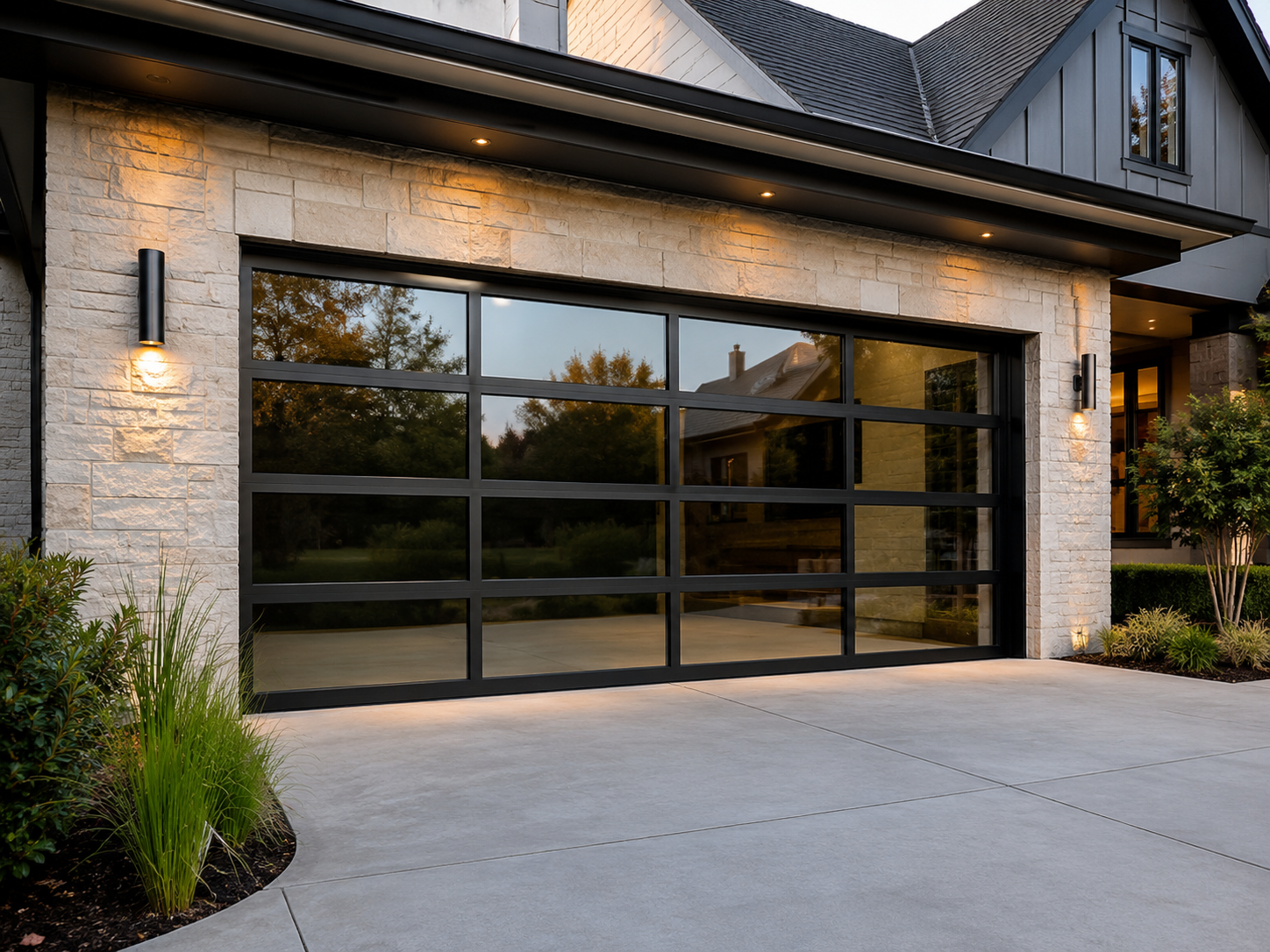 Modern house exterior with a black-framed glass garage door and stone facade at dusk