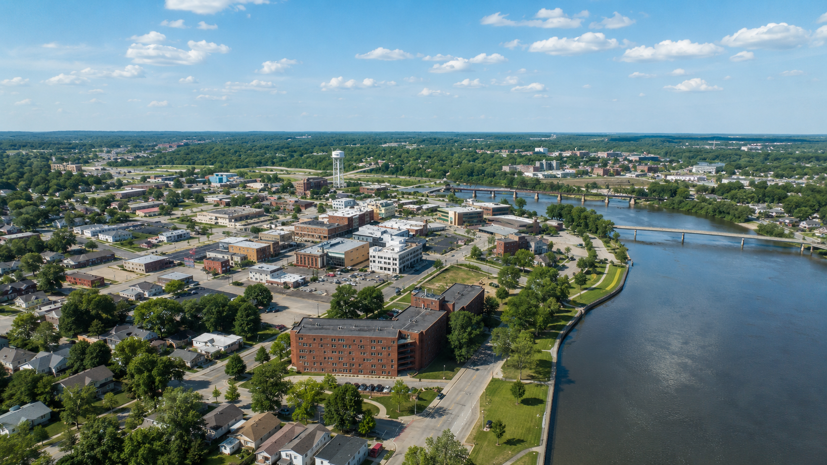 Aerial view of a riverside town with buildings, streets, and a curved waterfront under a clear sky