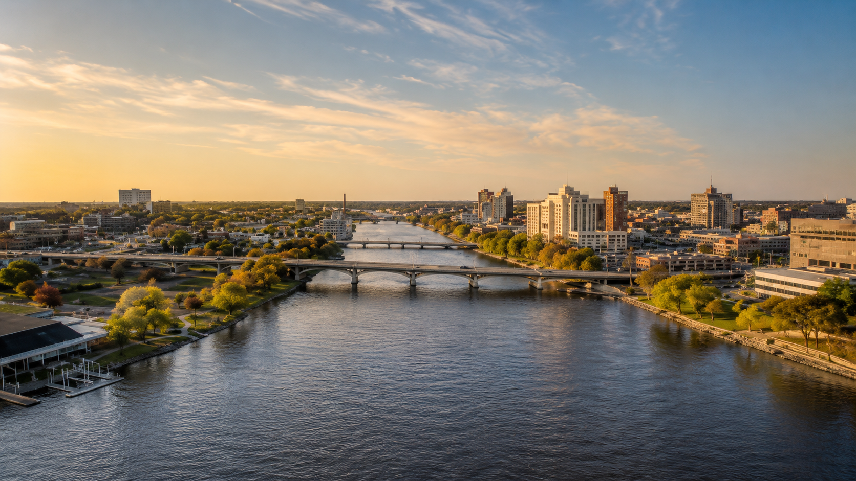 Sunset over a river with bridges and city buildings lining both banks