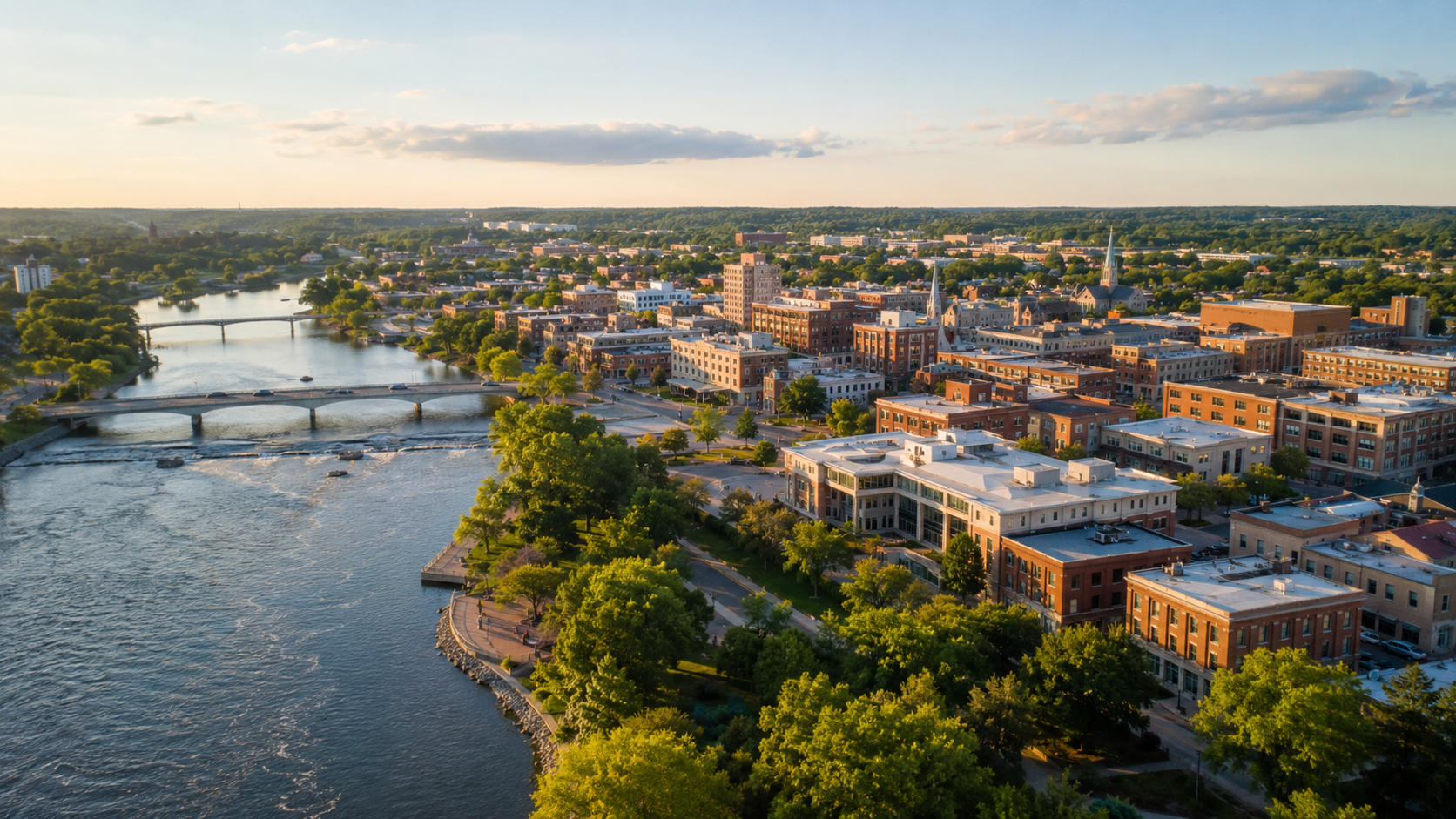 Aerial view of a riverside city at sunset with bridges, buildings, and tree-lined banks