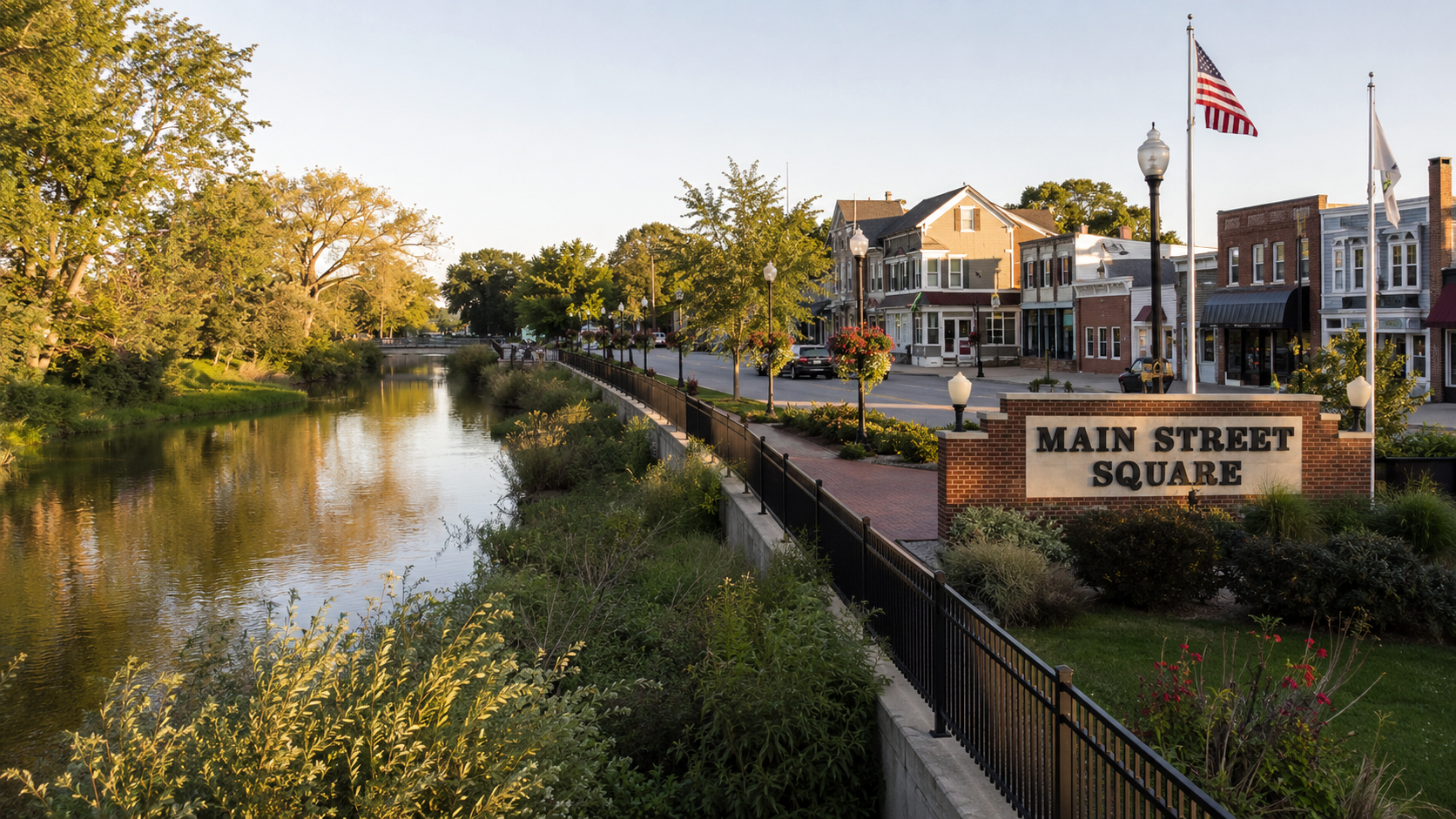 Canal beside Main Street Square with autumn trees, buildings, and an American flag at sunset