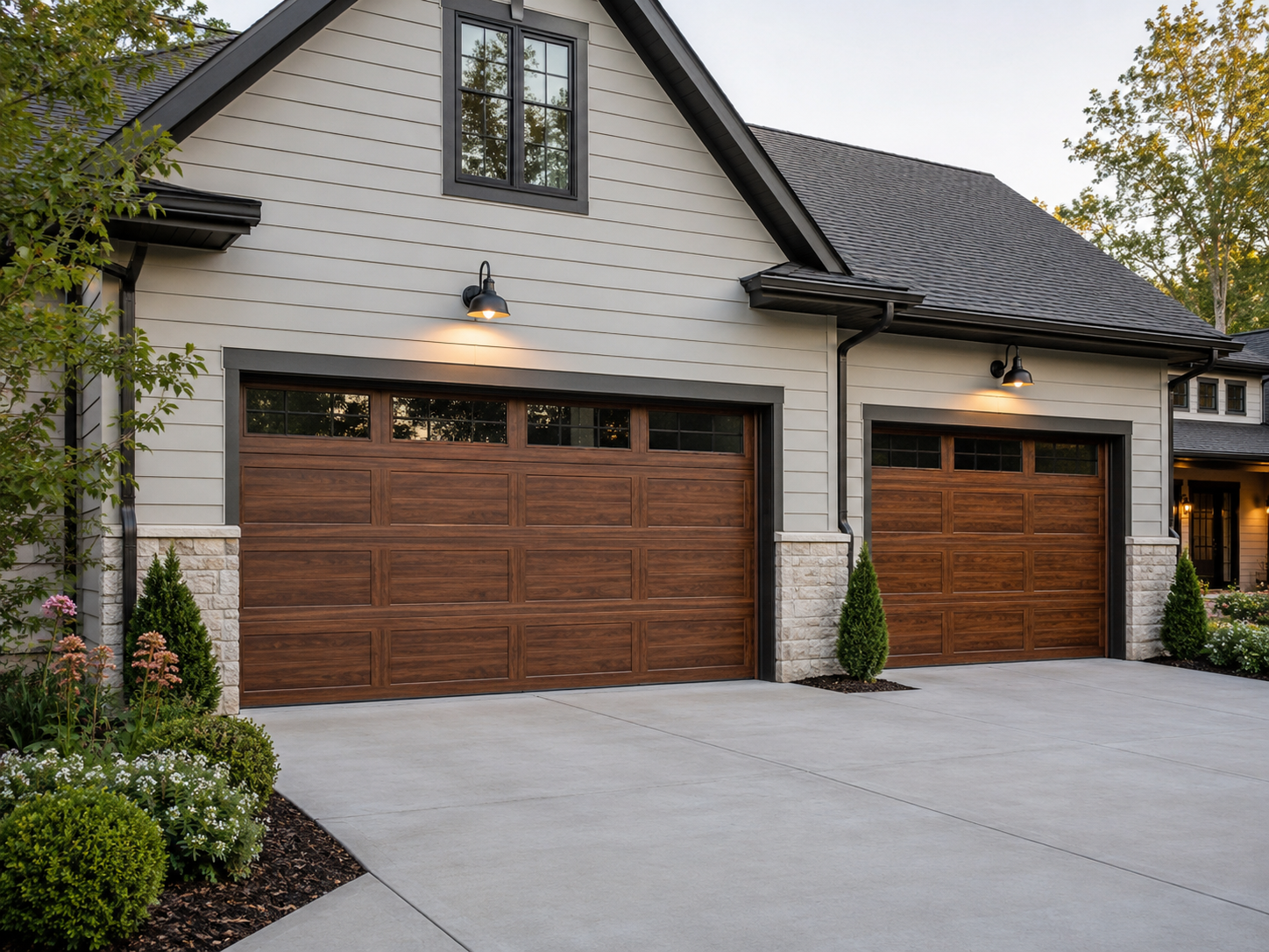 Two-car garage with wood doors and a light gray exterior, front driveway, and landscaping