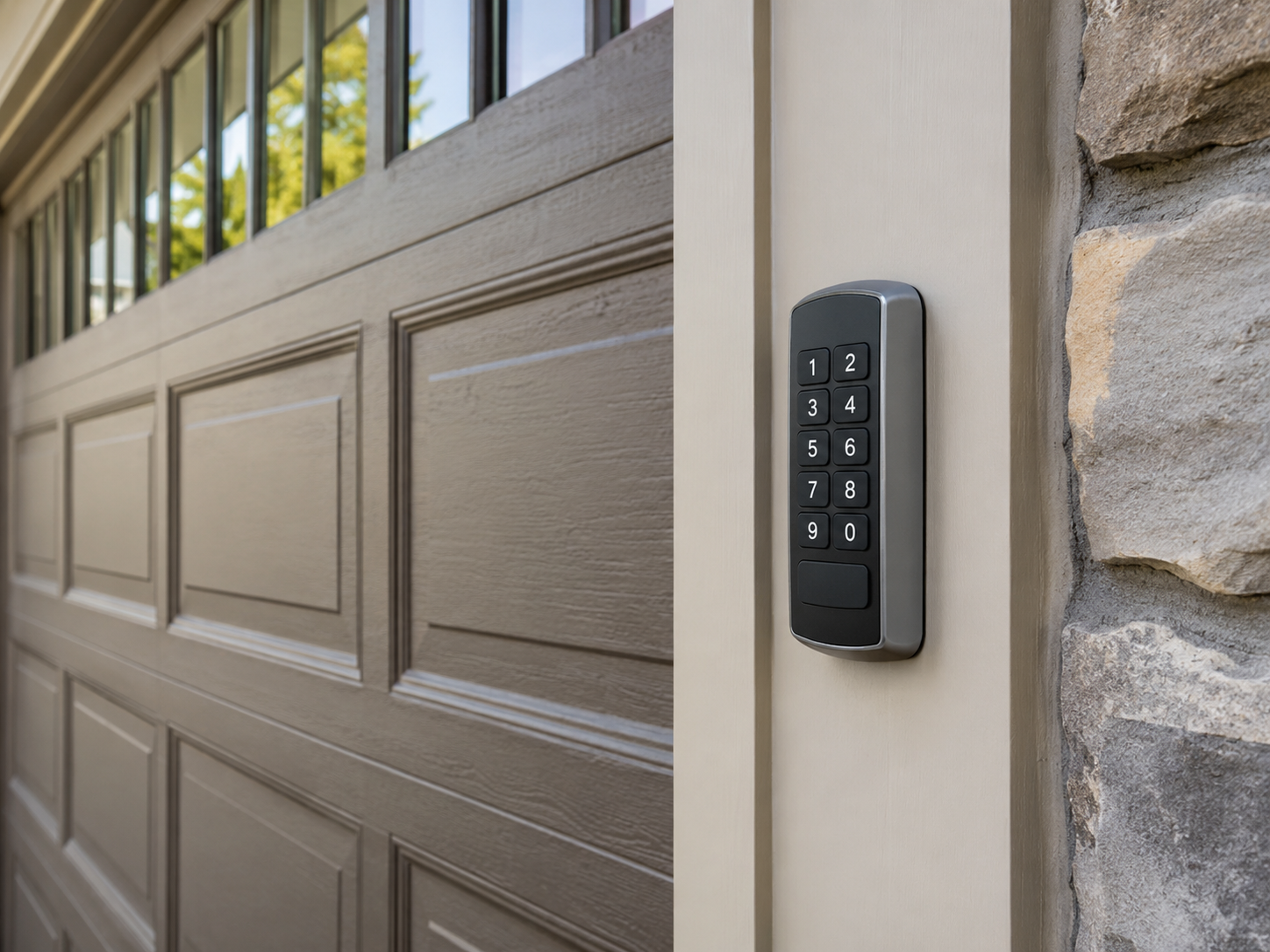 Garage door keypad mounted beside beige garage door and stone wall