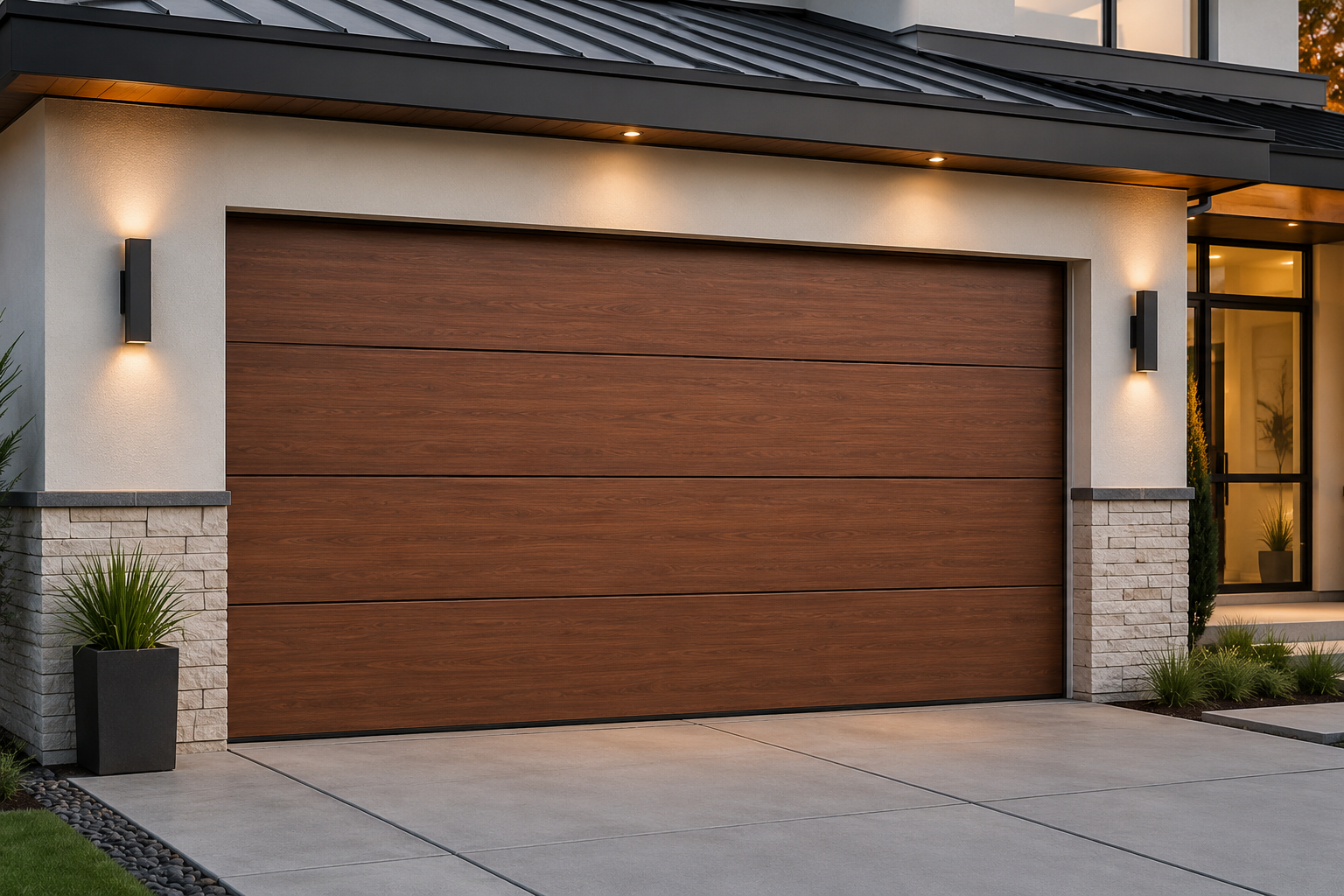 Modern home exterior with a wooden garage door, stone accents, and warm wall lighting