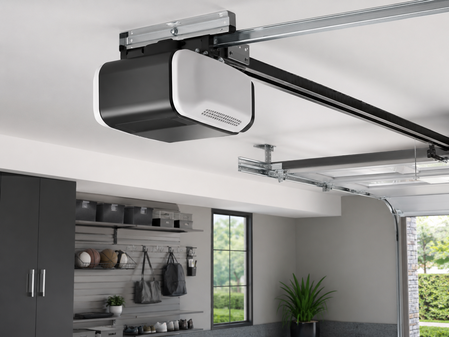 Ceiling-mounted garage door opener on a track in a modern garage
