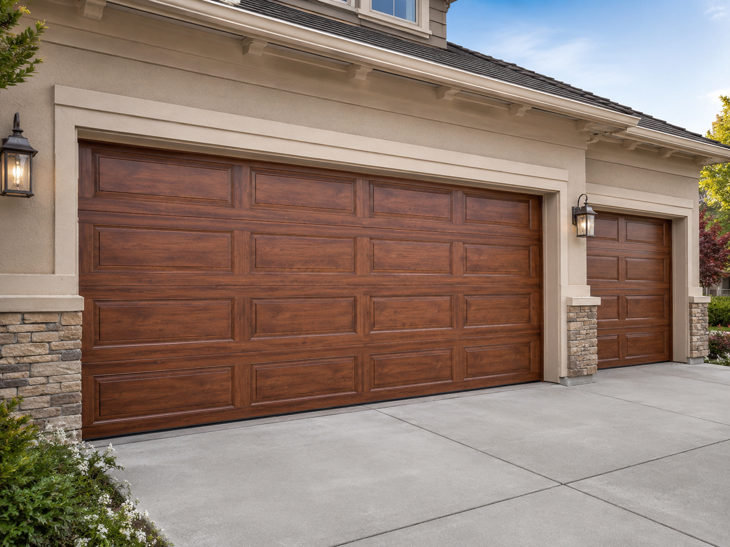 Two wooden garage doors on a beige stucco house with stone trim and a concrete driveway