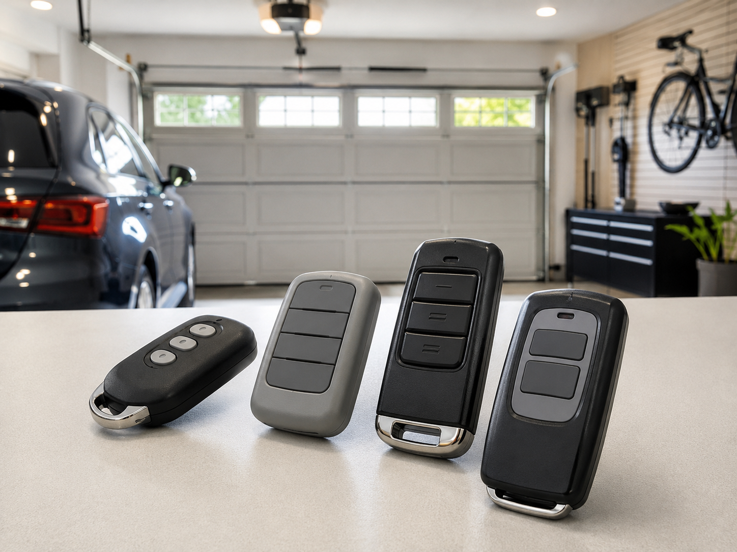 Four car key fobs on a garage workbench, with a parked SUV and wall-mounted bike in the background