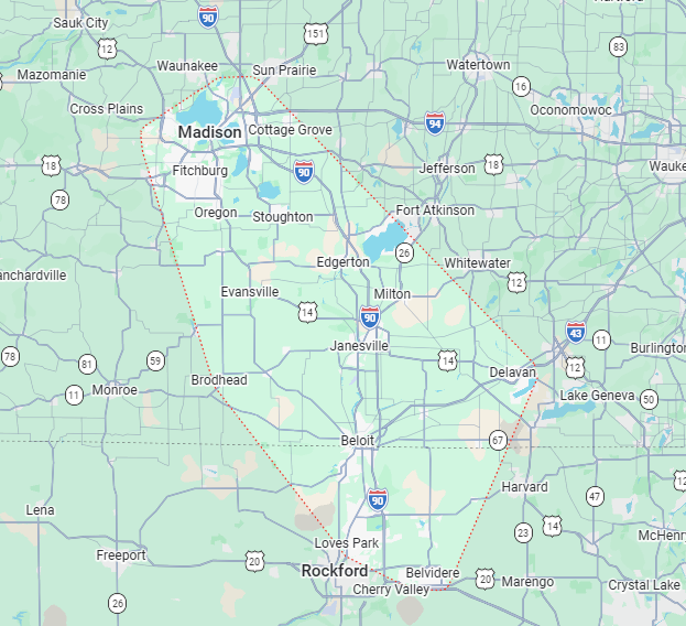 Map of southern Wisconsin showing Madison, Milwaukee, and nearby highways and cities.