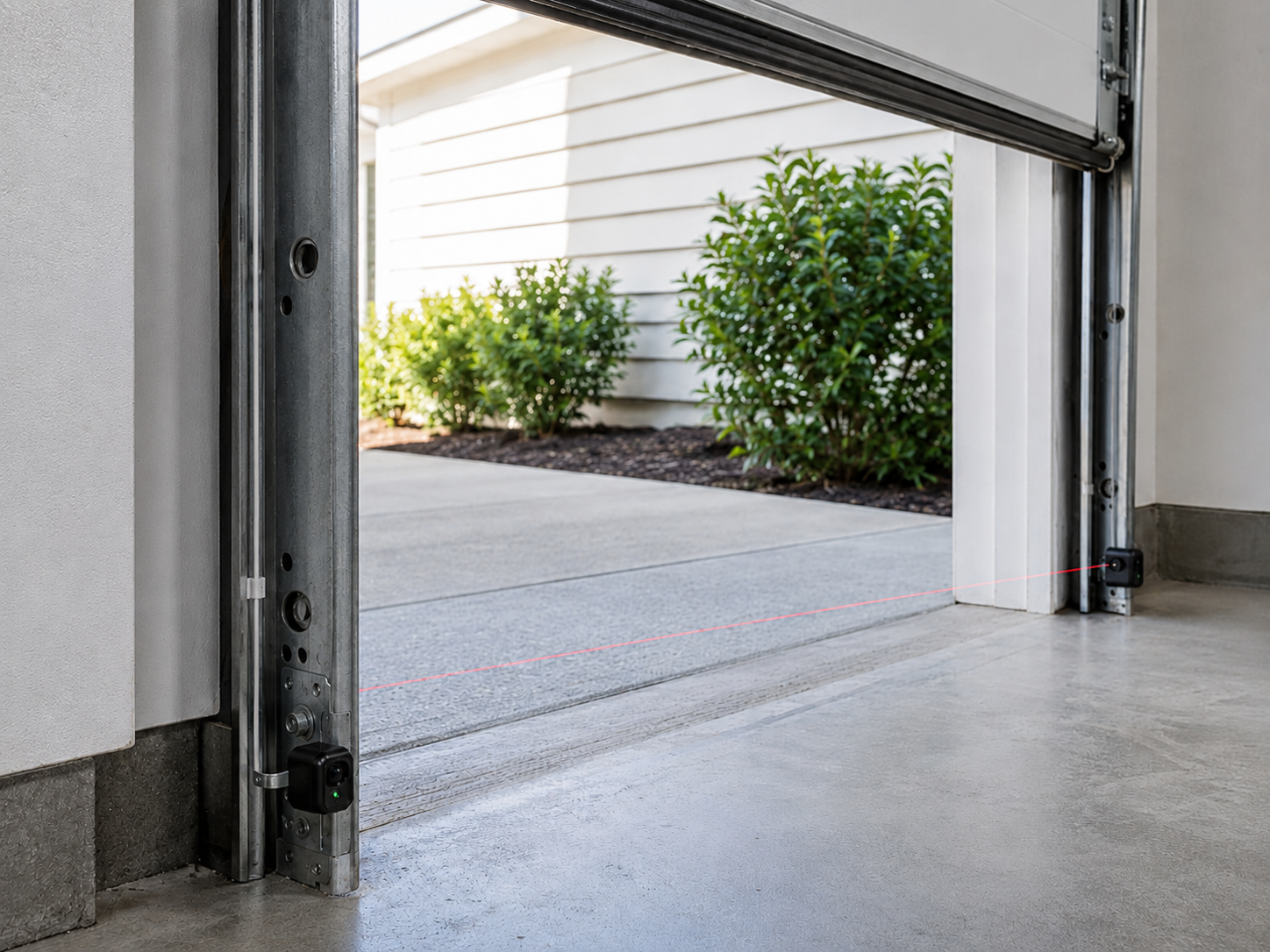 Open garage doorway with concrete floor, driveway, and green shrubs outside