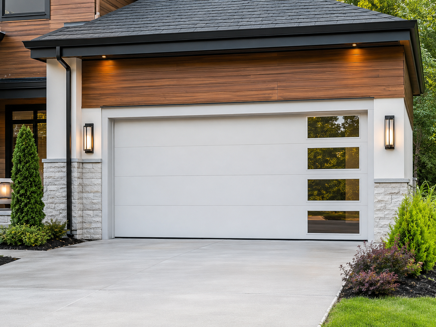 Modern house exterior with a white garage door, stone accents, and a paved driveway at dusk