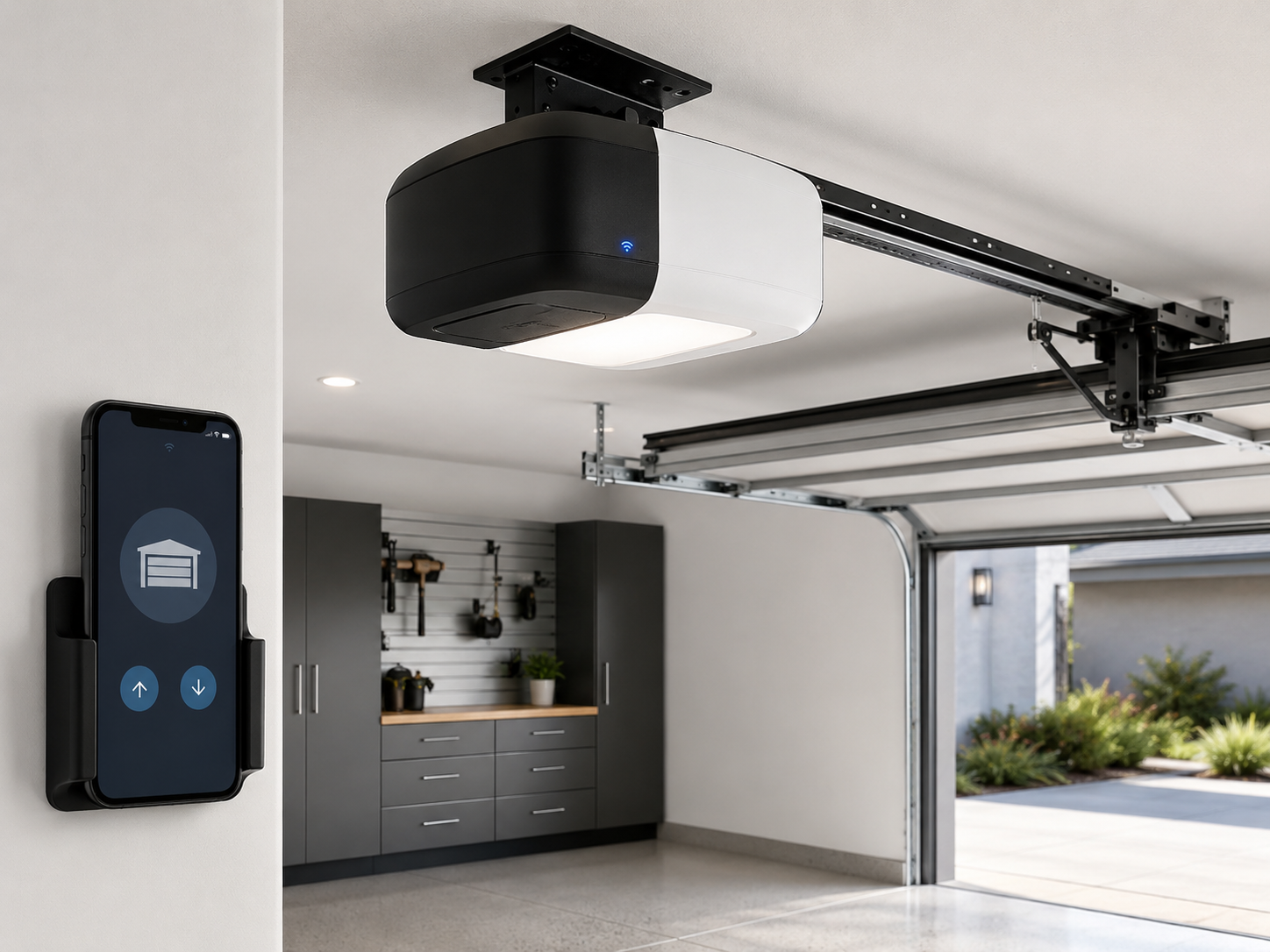 Garage opener control panel beside a black ceiling-mounted garage door opener in a modern garage.