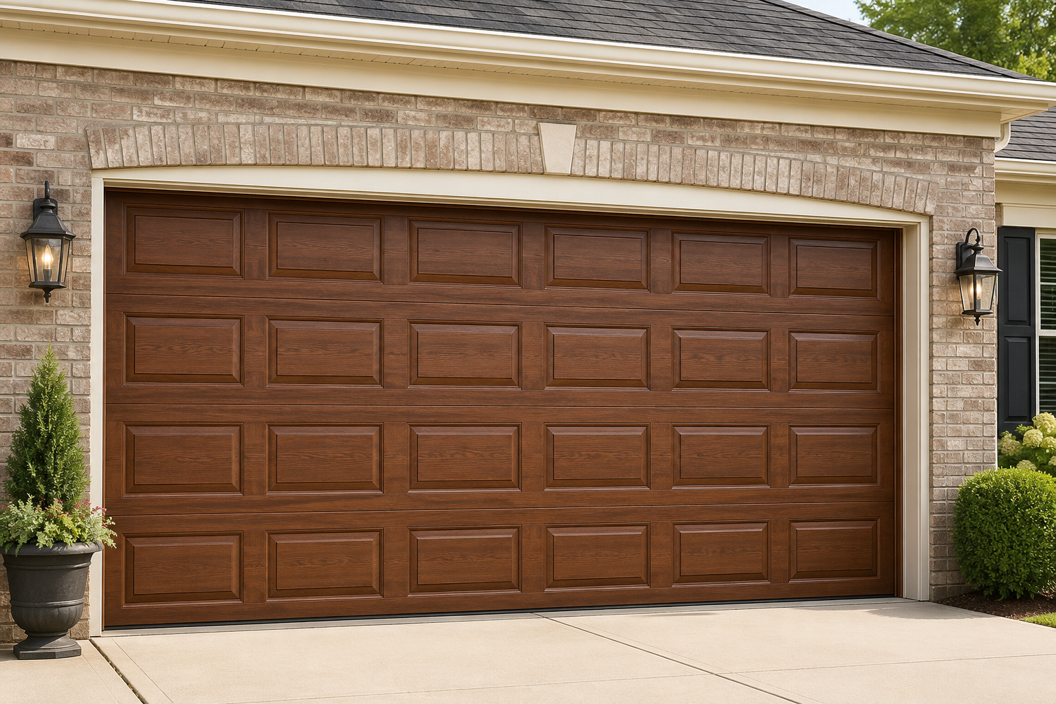 Wooden double garage door on a stone house exterior