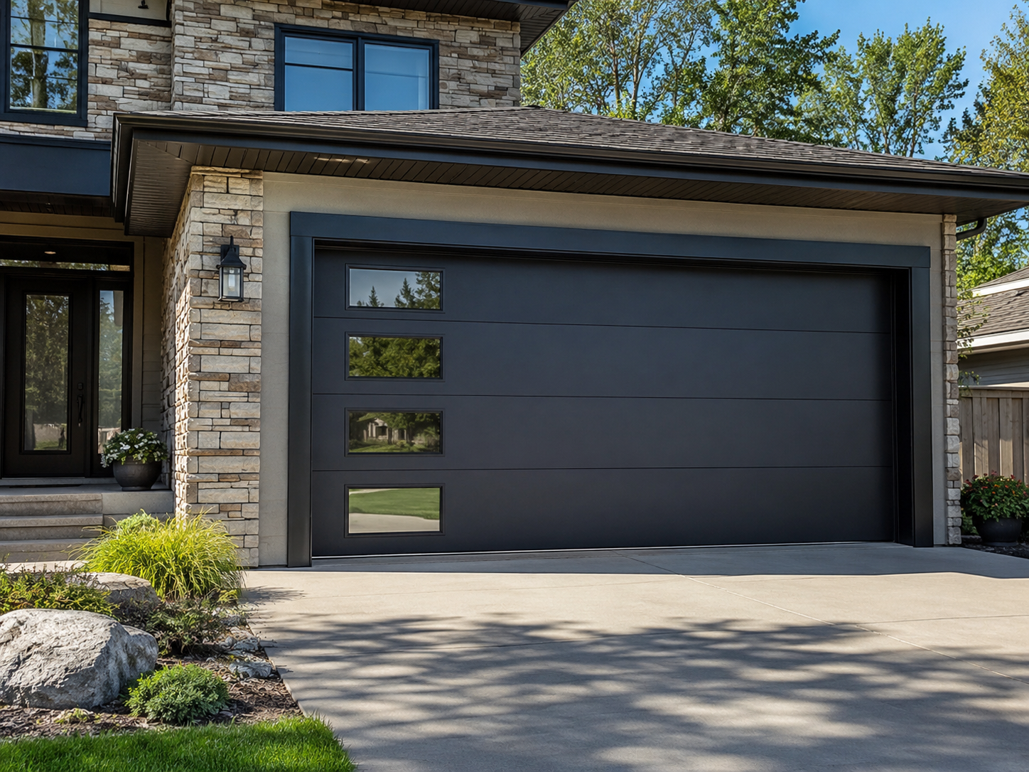 Modern house exterior with a dark garage door and stone facade along a driveway