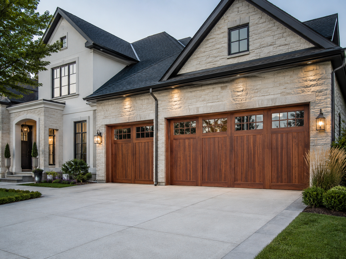Luxury suburban house exterior with stone facade, dark roof, and wooden garage doors