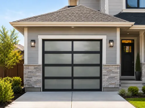 Black frosted glass garage door on a modern residential home