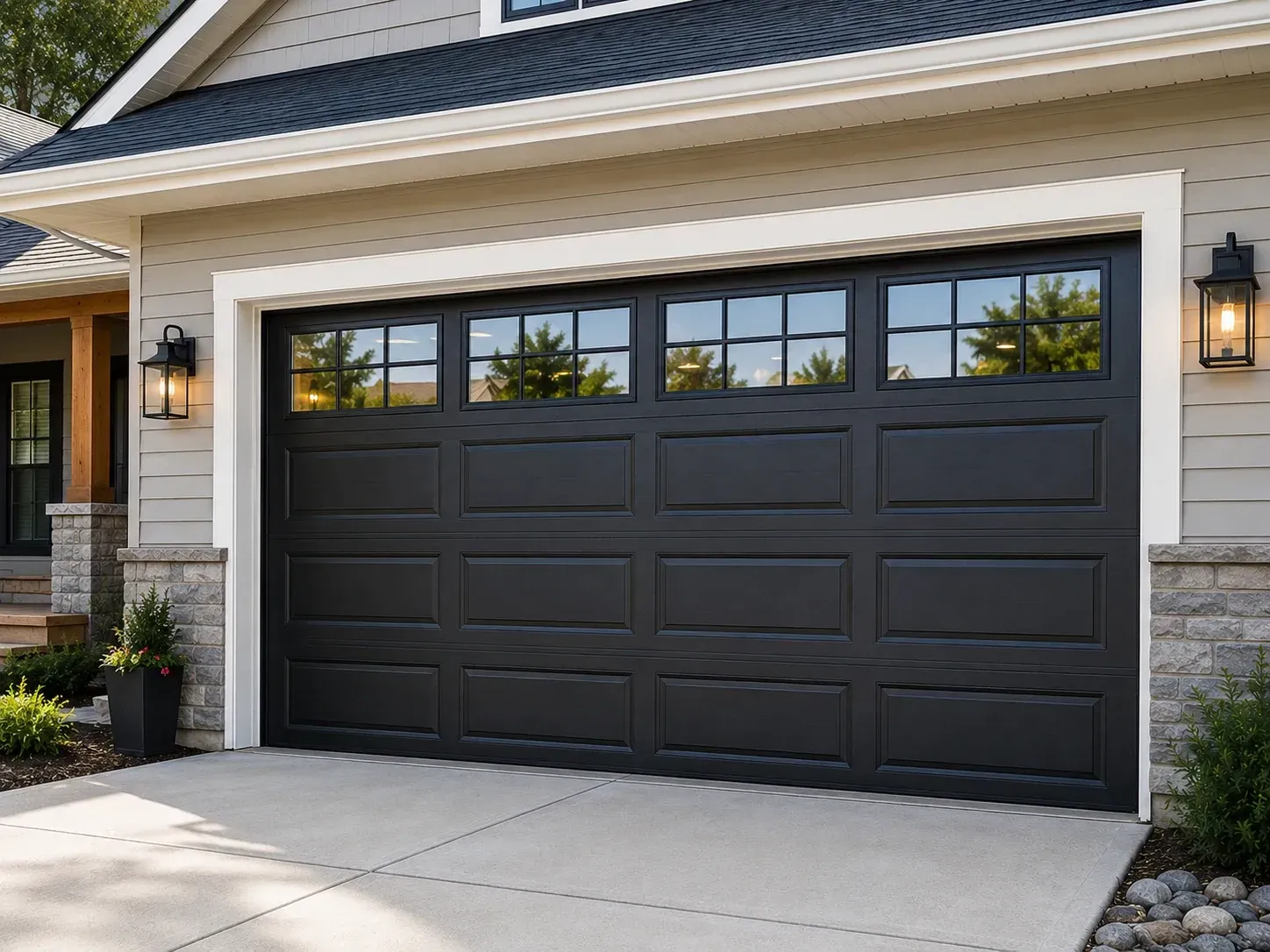 Black garage door with upper windows on a residential home in Roscoe IL