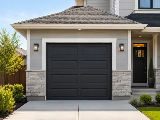 Black residential garage door on a modern home with stone accents