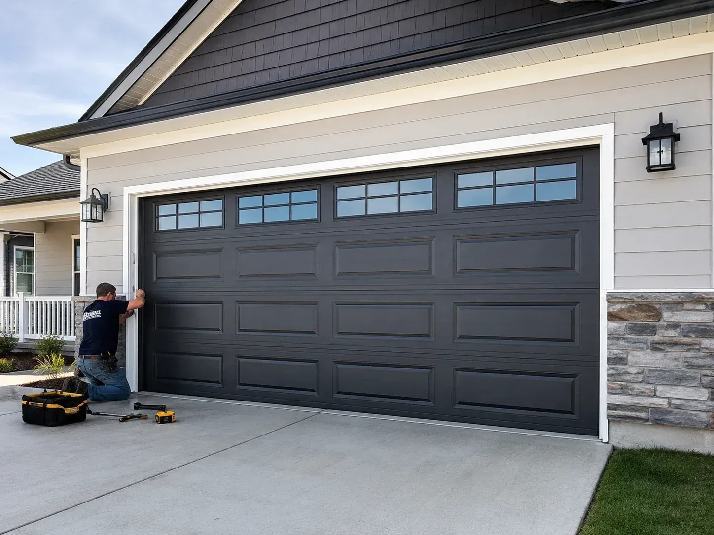 Black steel garage door with upper windows on a stone-accent residential home