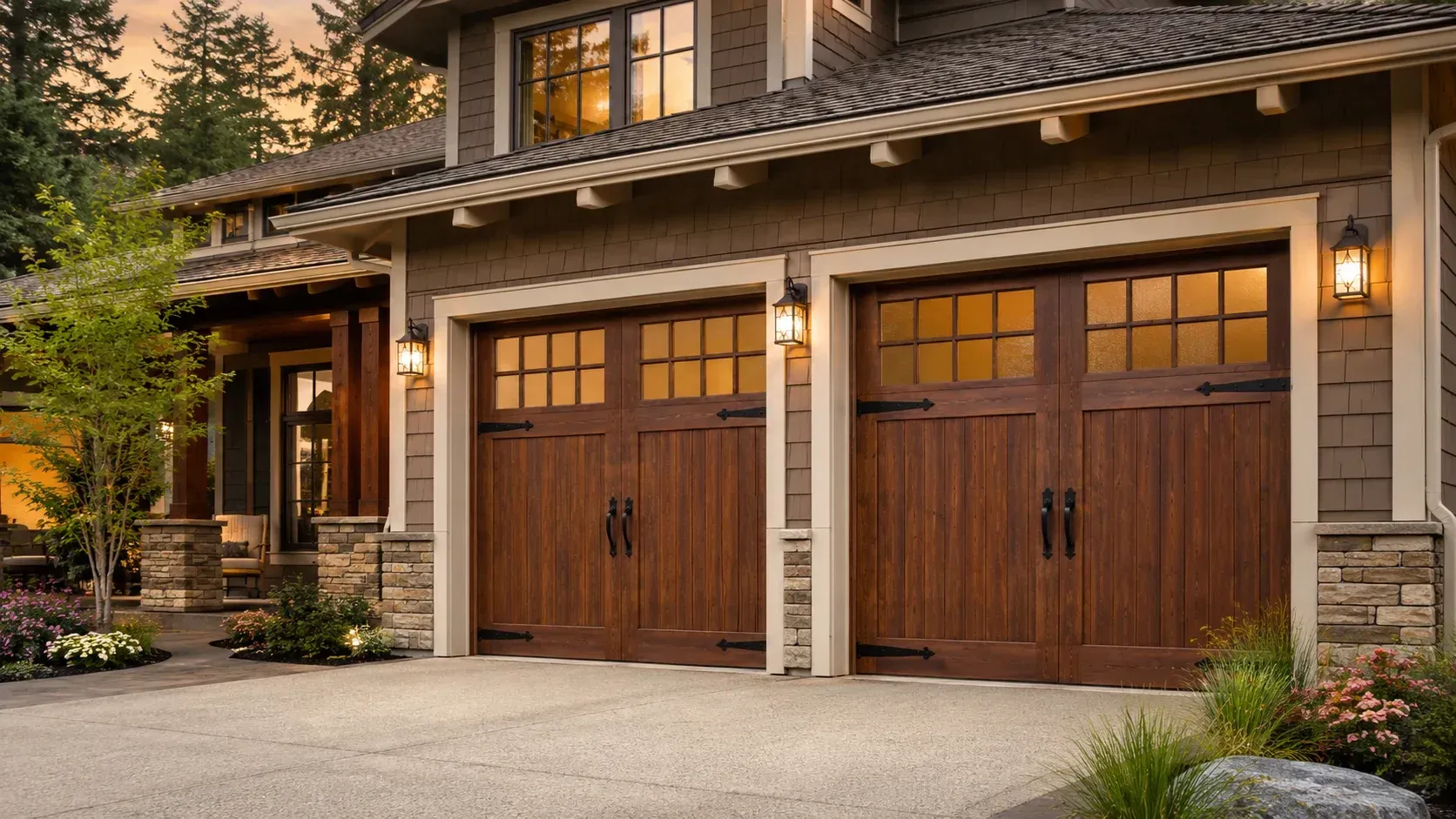 Carriage house wood garage doors on a residential home for classic curb appeal
