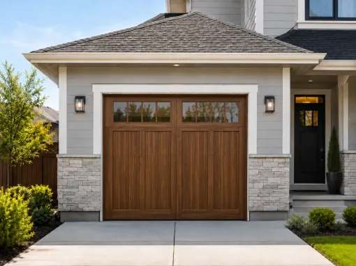 Carriage-style wood-look garage door with top windows on a residential home