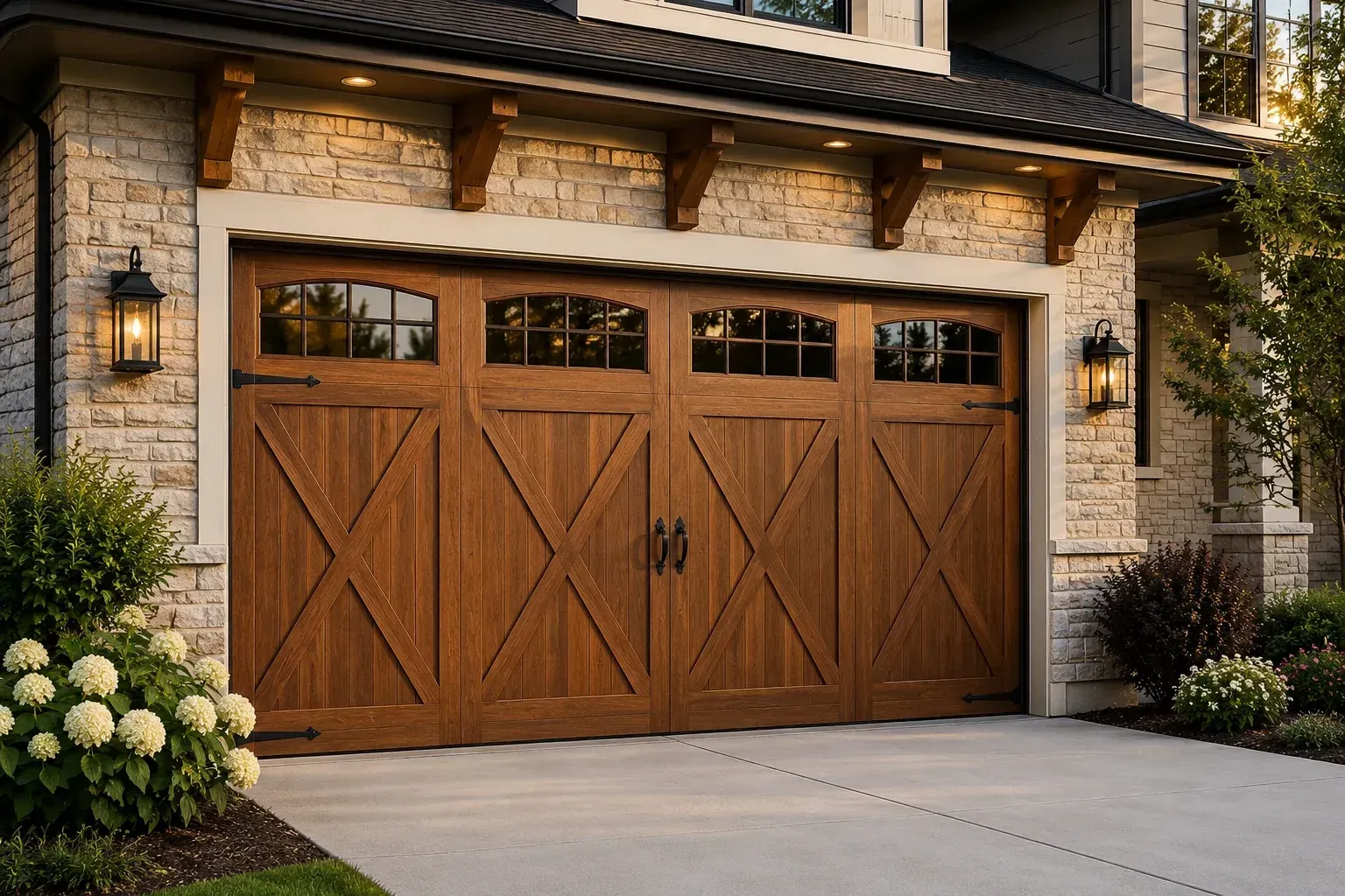 Craftsman wood garage door with window panels on a residential home
