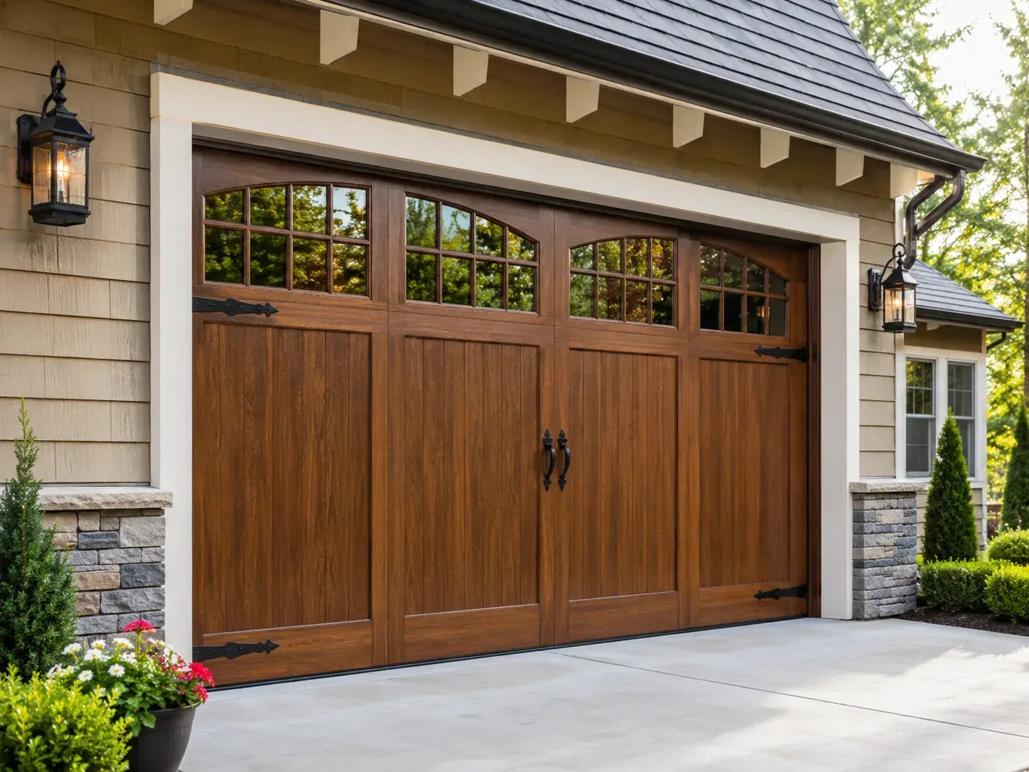 Custom fiberglass garage door with modern design on a residential home