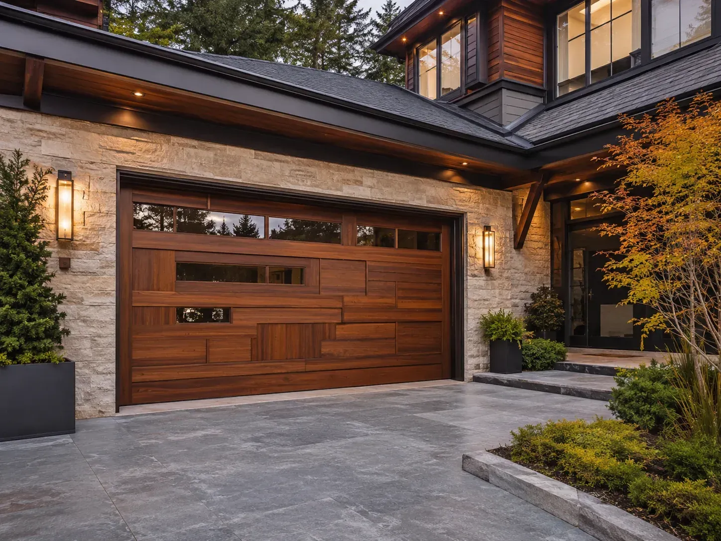 Custom wood garage door with unique panel design and modern residential styling