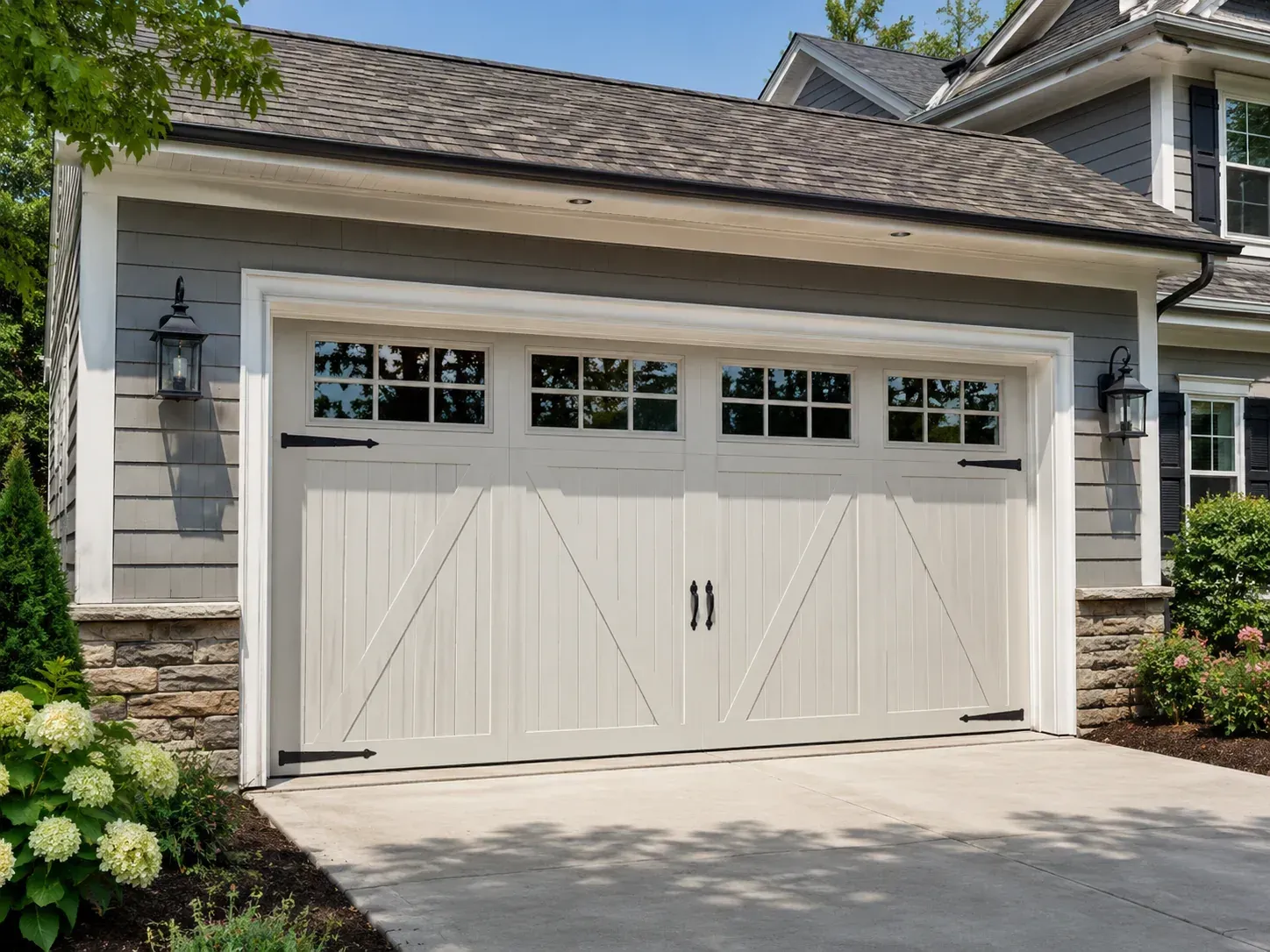 Carriage house style fiberglass garage door on a residential home