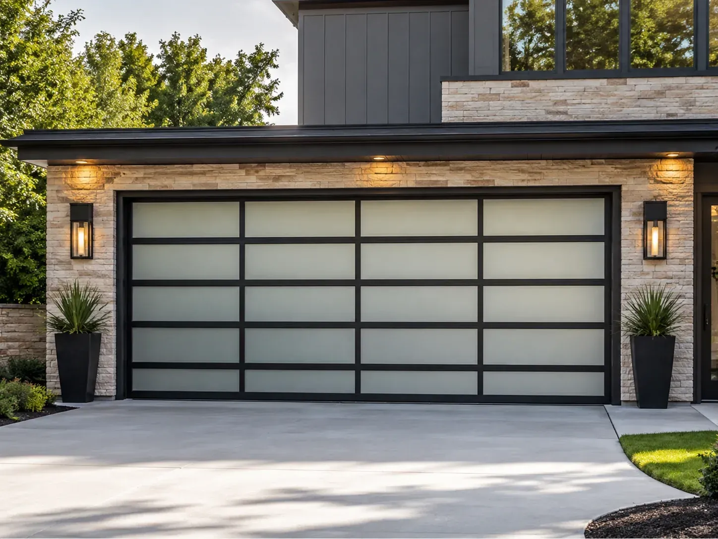 Frosted glass aluminum garage door on a contemporary residential home